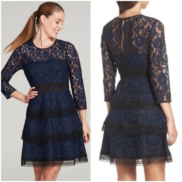 Eliza J Navy 3/4 SleeveLace Fit & Flare Dress Sz10 - Picture 1 of 12